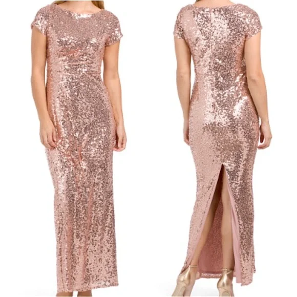 Adrianna Papell Women's Stretch Sequin Draped Column Gown, Gold, 6